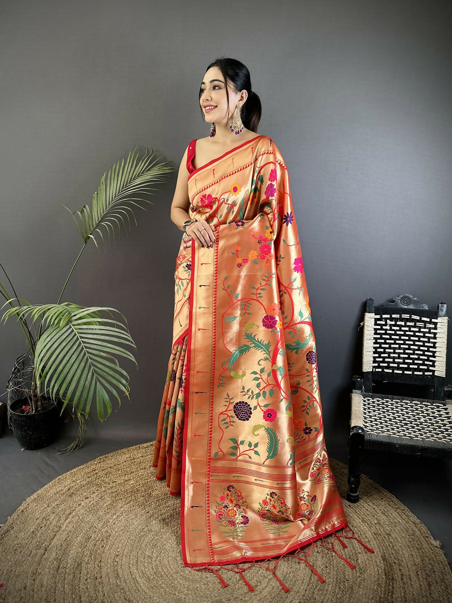 Joban Fashion Pastel Red Floral & Bird Motifs Soft Silk Paithani Saree