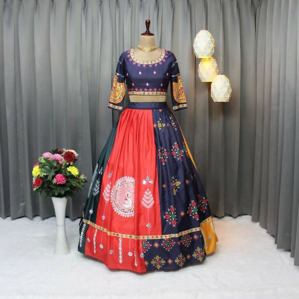 Preksha Creation Indian Festive Butter Soft Silk With Digital Print And Real Mirror Work Women Lehenga Choli - Red-Blue - Distacart