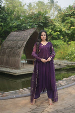 Thumbnail for Jyoti Fashion Women's Wine Faux Blooming Embroidered Kurta with Trouser & Dupatta - Distacart