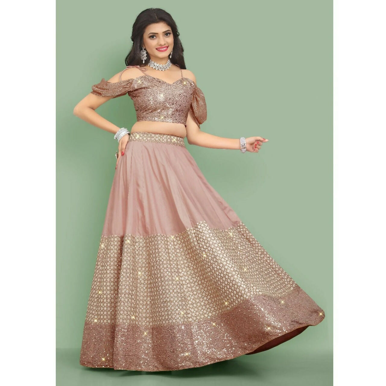 Jyoti Fashion Dusty Rose Pink Dori with Zari Thread Sequence Embroidery Cotton Silk Lehenga Choli with Dupatta - Distacart
