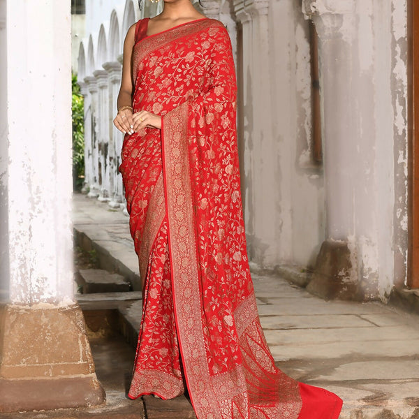 Joban Fashion Red Crepe Chiffon Banarasi Pure Handloom Banarasi Silk Saree - Dista