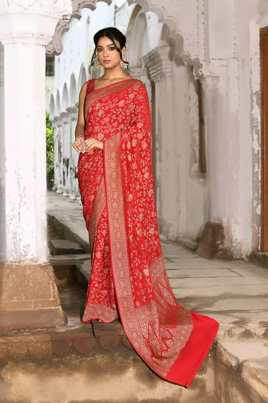 Joban Fashion Red Crepe Chiffon Banarasi Pure Handloom Banarasi Silk Saree - Dista