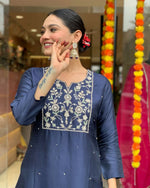 Thumbnail for The52 Navy Blue Women's Beautiful Viscose Chanderi Fabric Embroidered Work Straight Kurta Pant and Dupatta Set - Distacart