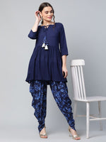 Thumbnail for Ahalyaa Women Navy Blue Rayon Floral Empire Kurti with Dhoti Pants - Distacart