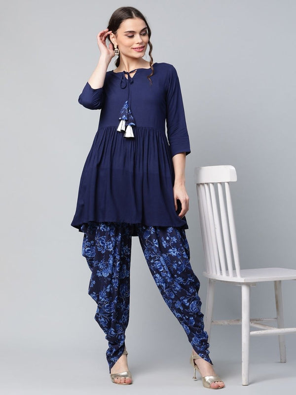 Ahalyaa Women Navy Blue Rayon Floral Empire Kurti with Dhoti Pants - Distacart