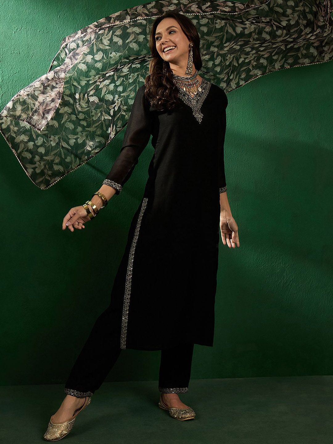 Sangria Ethnic Motifs Yoke Design Sequinned V-Neck Straight Kurta With Trouser & Dupatta - Distacart
