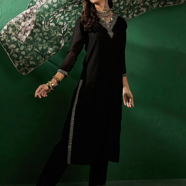 Sangria Ethnic Motifs Yoke Design Sequinned V-Neck Straight Kurta With Trouser & Dupatta - Distacart