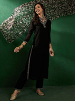 Thumbnail for Sangria Ethnic Motifs Yoke Design Sequinned V-Neck Straight Kurta With Trouser & Dupatta