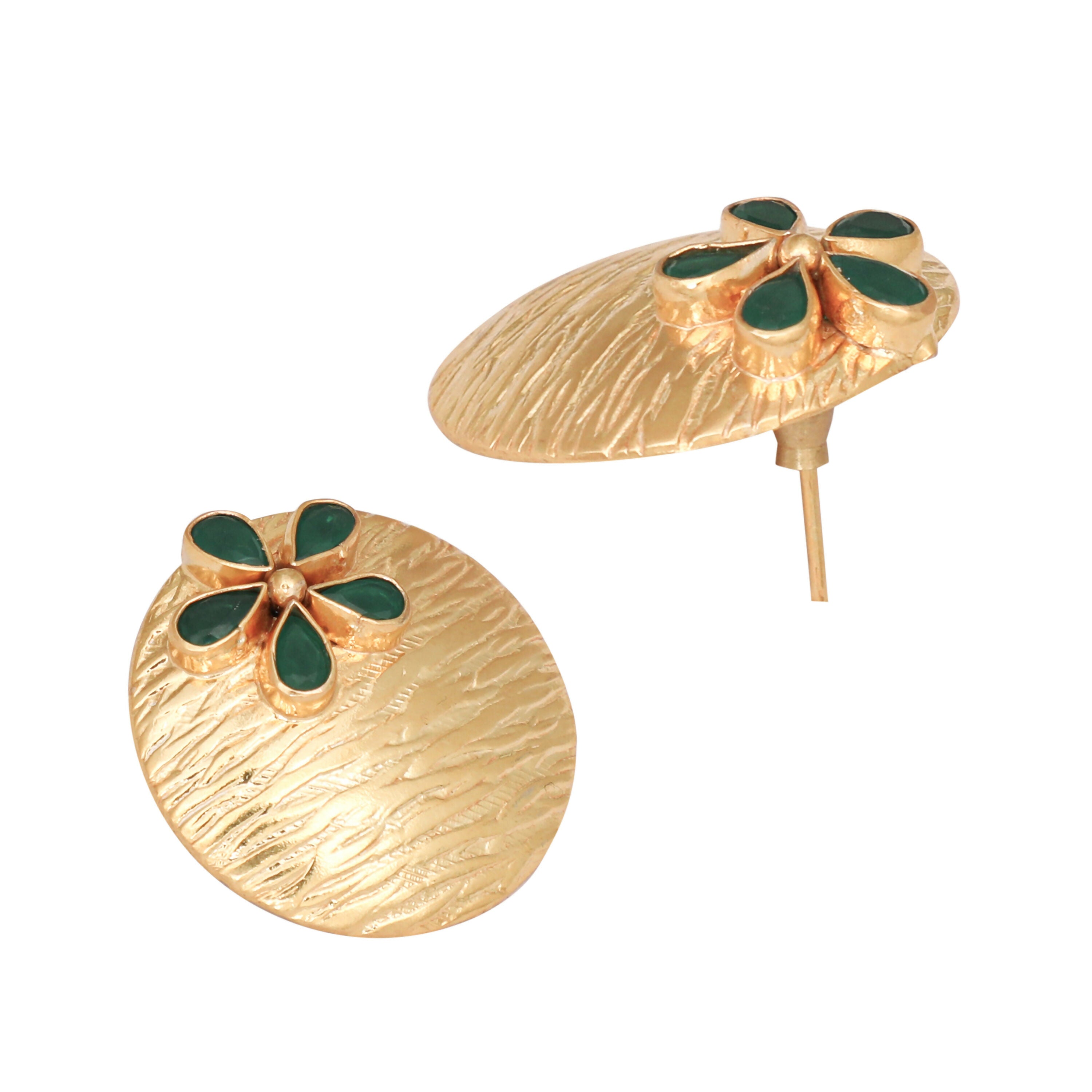 Nuyug 22K Gold-Plated Faux Emerald Stones Studded Circular Floral Shaped Motif Studs