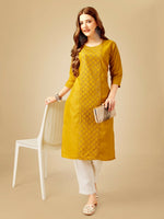 Thumbnail for Jyoti Fashion Women's Yellow Cotton Blend Embroidered Kurta Pant Set - Distacart