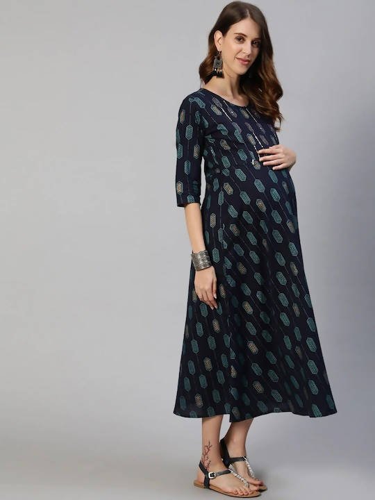 Anubhutee Navy Blue Ethnic Motifs Maternity A-Line Midi Dress - Distacart