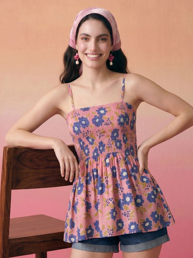 Janasya Pink Peplum Cotton Top - Dista
