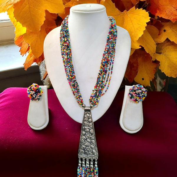 Inhanns Day-To-Dinner Tie Shaped Oxidized Black Metal Multi-Layered Long Only Necklace - Multicolor - Distacart
