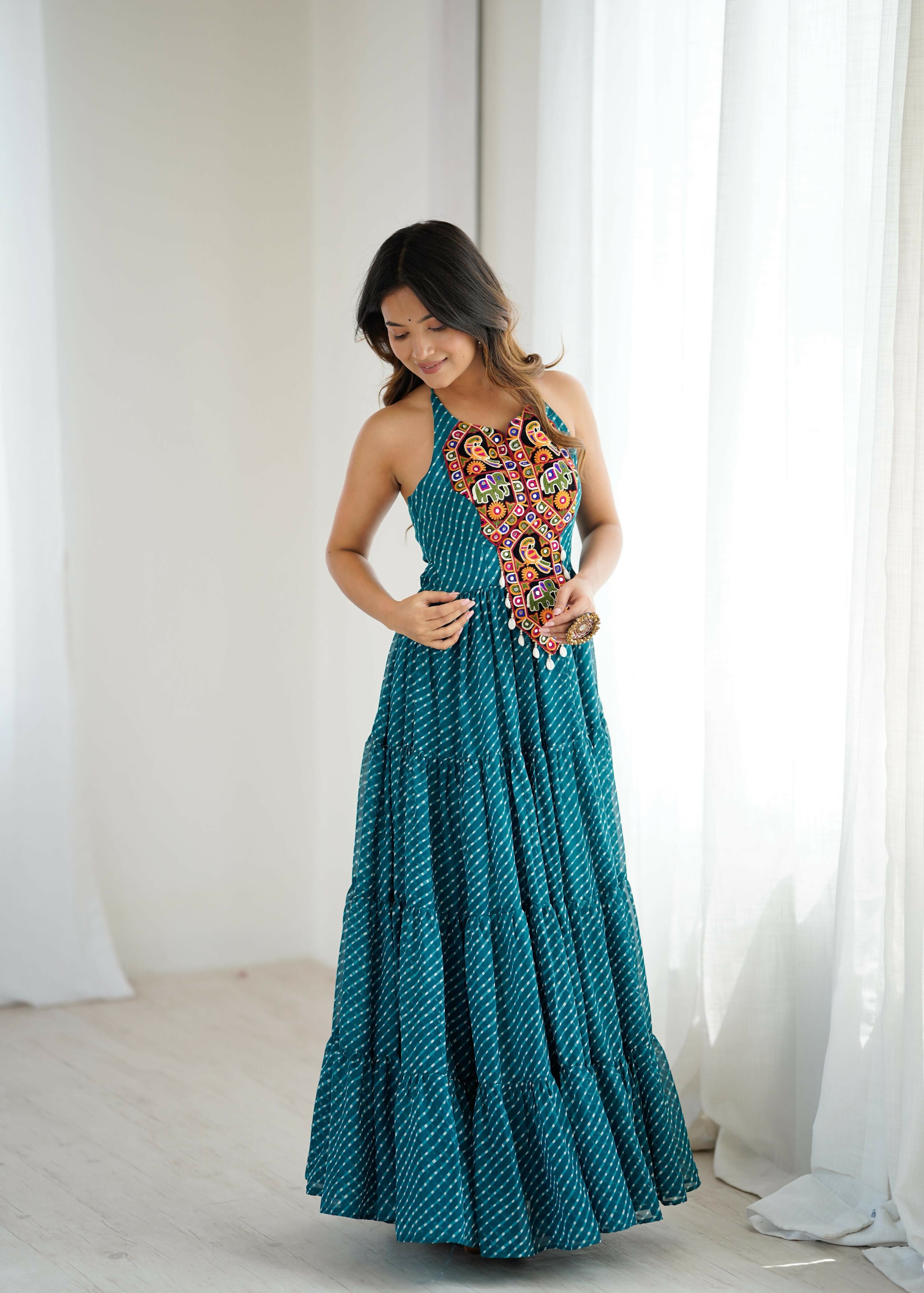 Joban Fashion Green Dress Georgette Coding Dori with Sequence with Rivet Moti