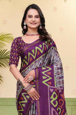 Thumbnail for Prime Volt Mal Cotton Purple Ethnic Printed Saree with Designer Blouse Piece - Distacart