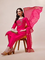 Thumbnail for Pink Chanderi Embroidered Kurta With Pant & Dupatta Set., Multicolor - Hiral Fashion - Distacart