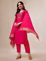 Thumbnail for Pink Chanderi Embroidered Kurta With Pant & Dupatta Set., Multicolor - Hiral Fashion - Distacart