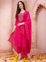 Thumbnail for Embroidered Kurta With Pant And Dupatta Set, Multicolor - Hiral Fashion - Distacart