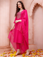 Thumbnail for Embroidered Kurta With Pant And Dupatta Set, Multicolor - Hiral Fashion - Distacart