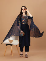 Thumbnail for Embroidered Kurta With Pant And Embroidered Dupatta Set, Multicolor - Hiral Fashion - Distacart