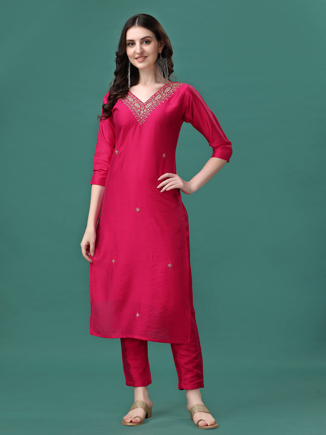 Hand Embroidered Kurta With Pant & Embroidered Dupatta, Multicolor - Hiral Fashion - Distacart