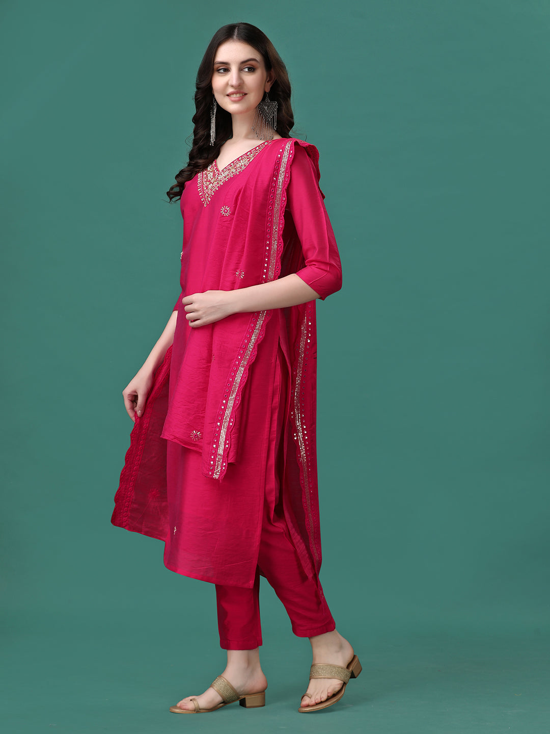 Hand Embroidered Kurta With Pant & Embroidered Dupatta, Multicolor - Hiral Fashion - Distacart