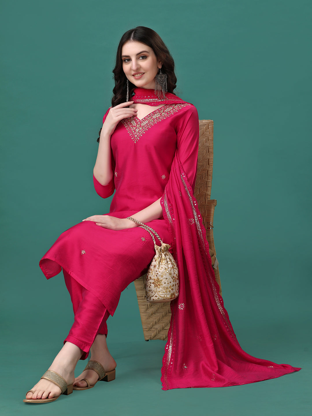 Hand Embroidered Kurta With Pant & Embroidered Dupatta, Multicolor - Hiral Fashion - Distacart
