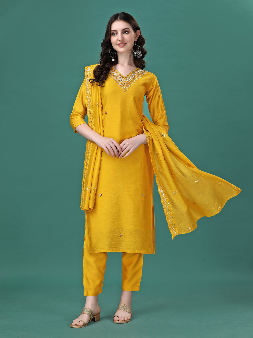 Hand Embroidered Kurta With Pant & Embroidered Dupatta, Multicolor - Hiral Fashion - Distacart