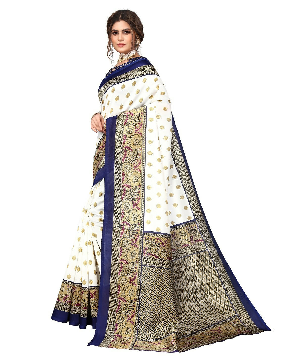 Vamika white & navy Printed Art Silk Saree - Distacart