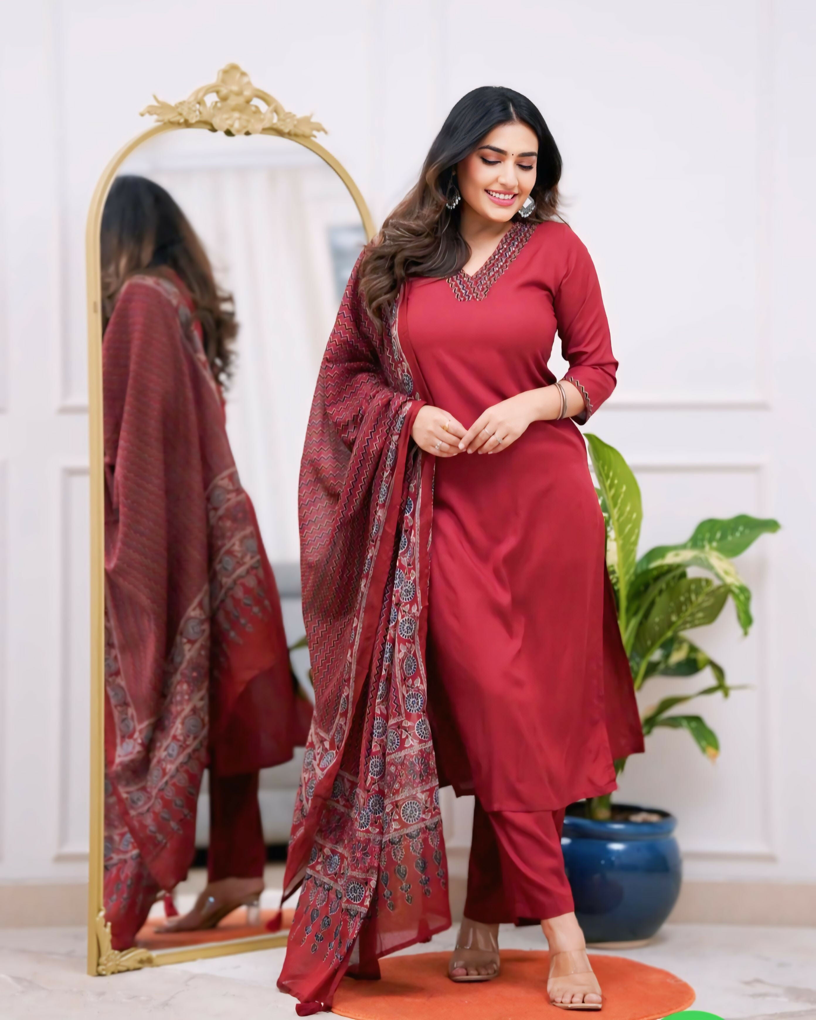 The52 Maroon Women's Gorgeous Parampara Fabric Embroidered Work Straight Kurta Pant and Dupatta Set - Distacart