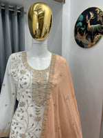 Thumbnail for Teeya Creation White Color Faux Georgette Embroidery Work Long Party Wear Palazzo Suit - Distacart