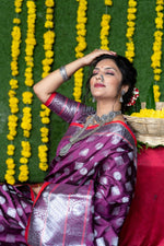 Thumbnail for Jyoti Fashion Women's Wine Soft Handloom Silk Zari Woven Saree with Blouse - Distacart