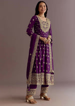 Thumbnail for Teeya Creation Wine Color Chinon Silk Embroidery Work Wedding Wear Gown - Distacart