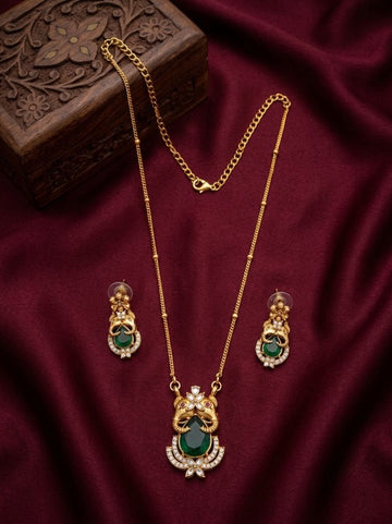 Jewel City Temple Jewelry Set With Emerald Green Stone Pendant & Drop Earrings - Dista