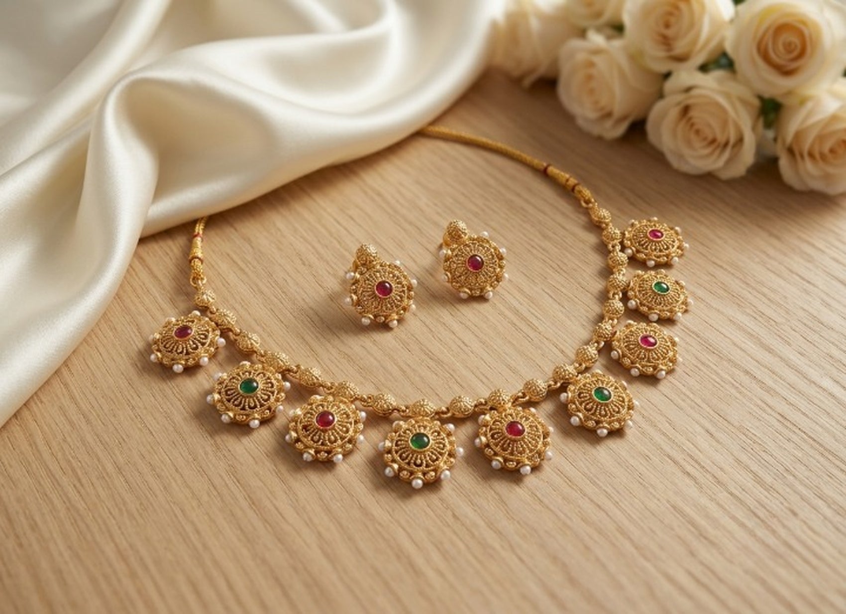 Jewel City Gold Plated Temple Jewelry Set|Red & Green Stone Choker Set - Dista