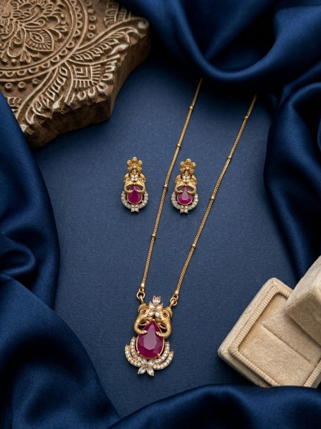 Jewel City Temple Jewelry Set With Ruby Stone Pendant & Drop Earrings - Dista