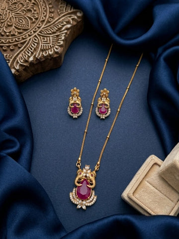 Jewel City Temple Jewelry Set With Ruby Stone Pendant & Drop Earrings - Dista