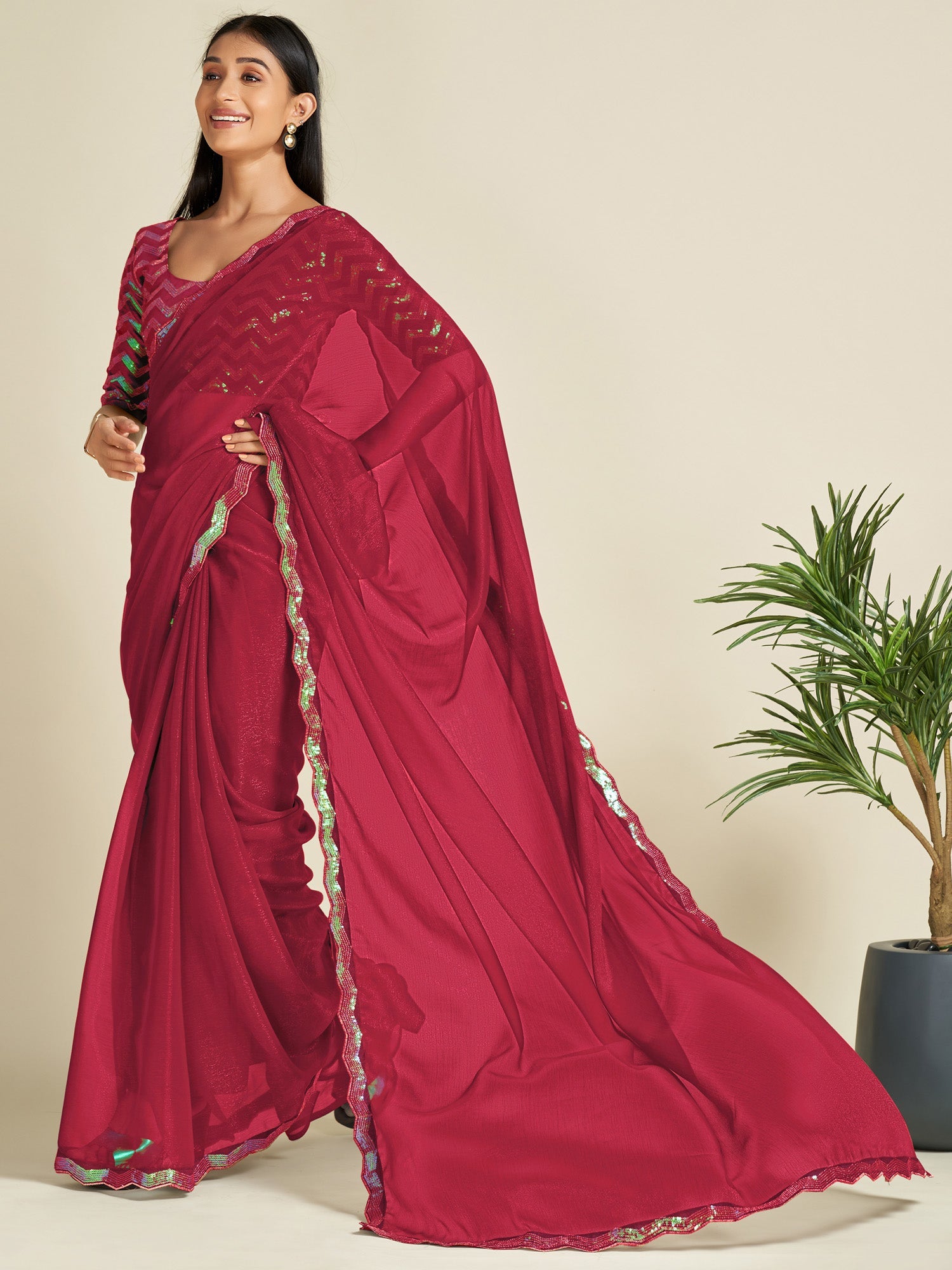 NOZ2TOZ Women's Georgette Pink Embellished Designer Saree With Blouse Piece - Distacart