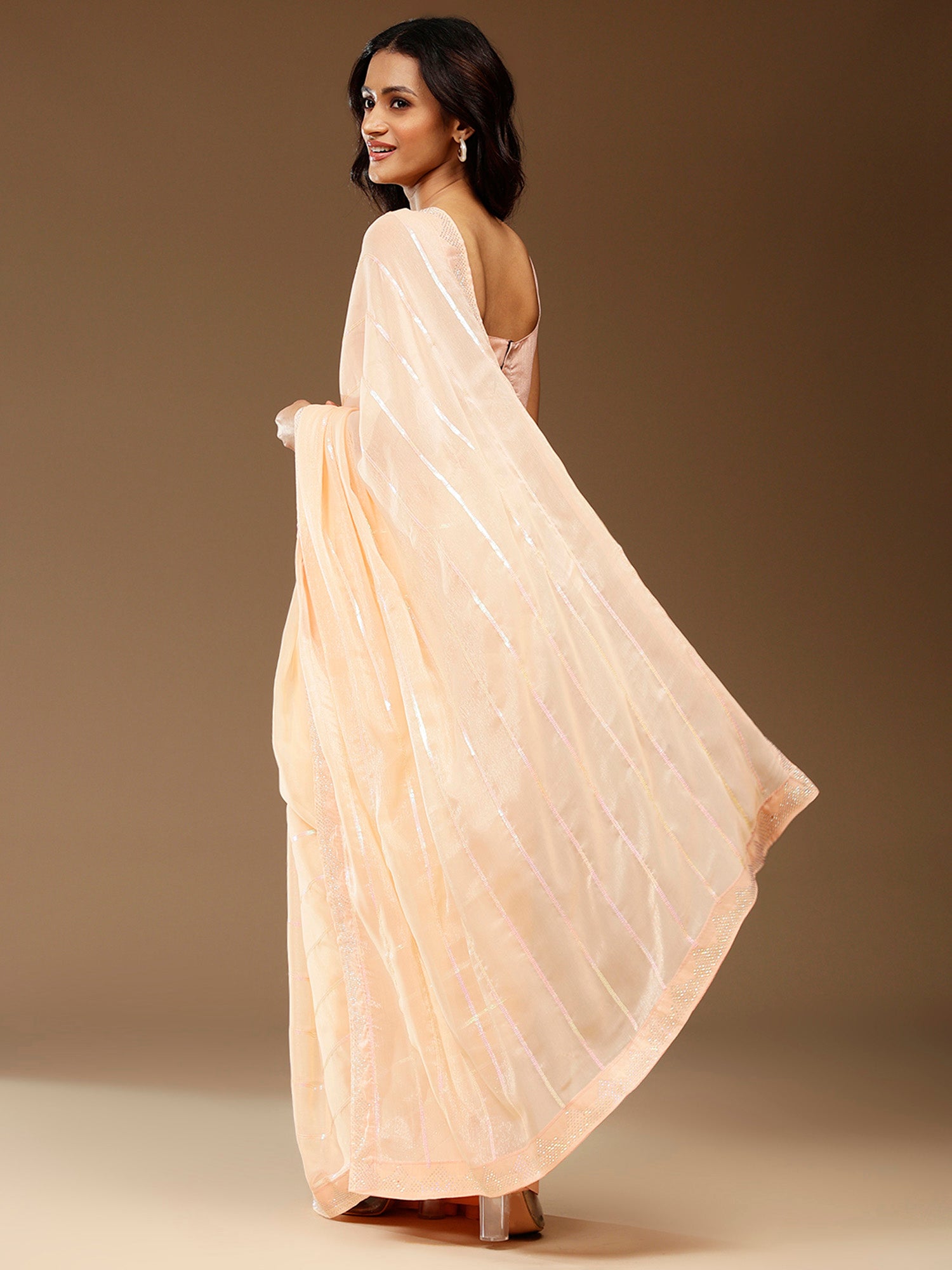 NOZ2TOZ Women's Chiffon Peach Embellished Designer Saree With Blouse Piece - Distacart