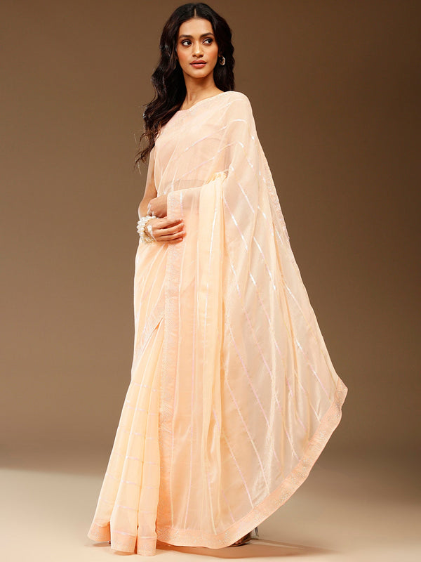 NOZ2TOZ Women's Chiffon Peach Embellished Designer Saree With Blouse Piece - Distacart