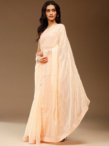 NOZ2TOZ Women's Chiffon Peach Embellished Designer Saree With Blouse Piece - Distacart