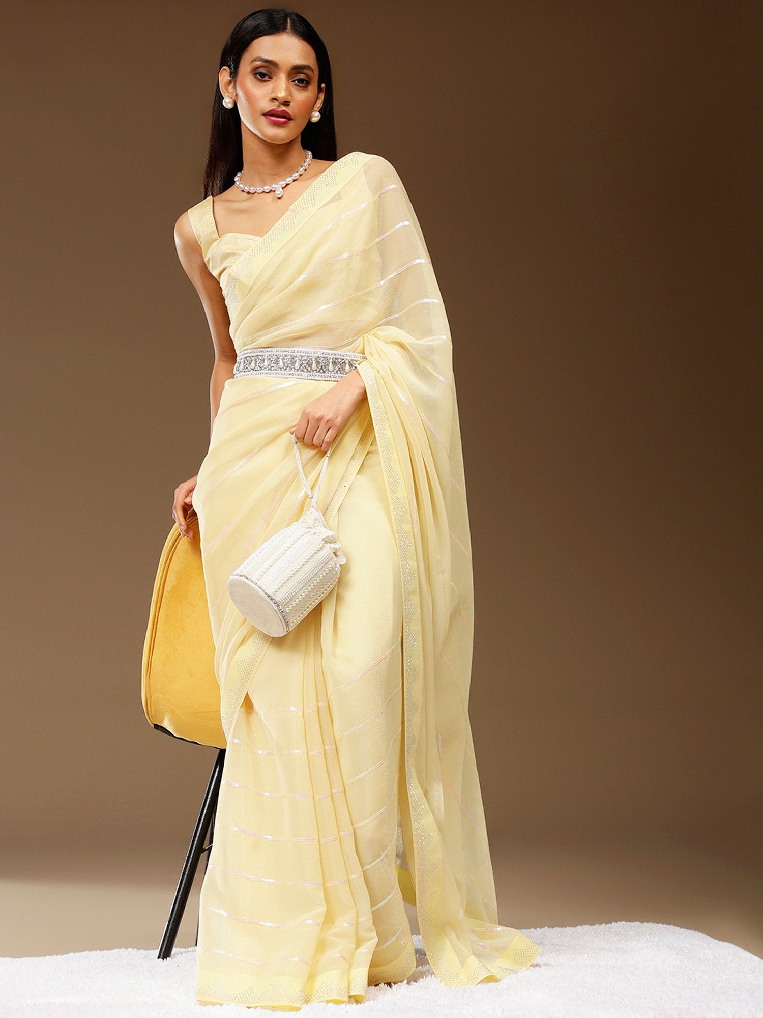 NOZ2TOZ Women's Chiffon Yellow Embellished Designer Saree With Blouse Piece - Distacart
