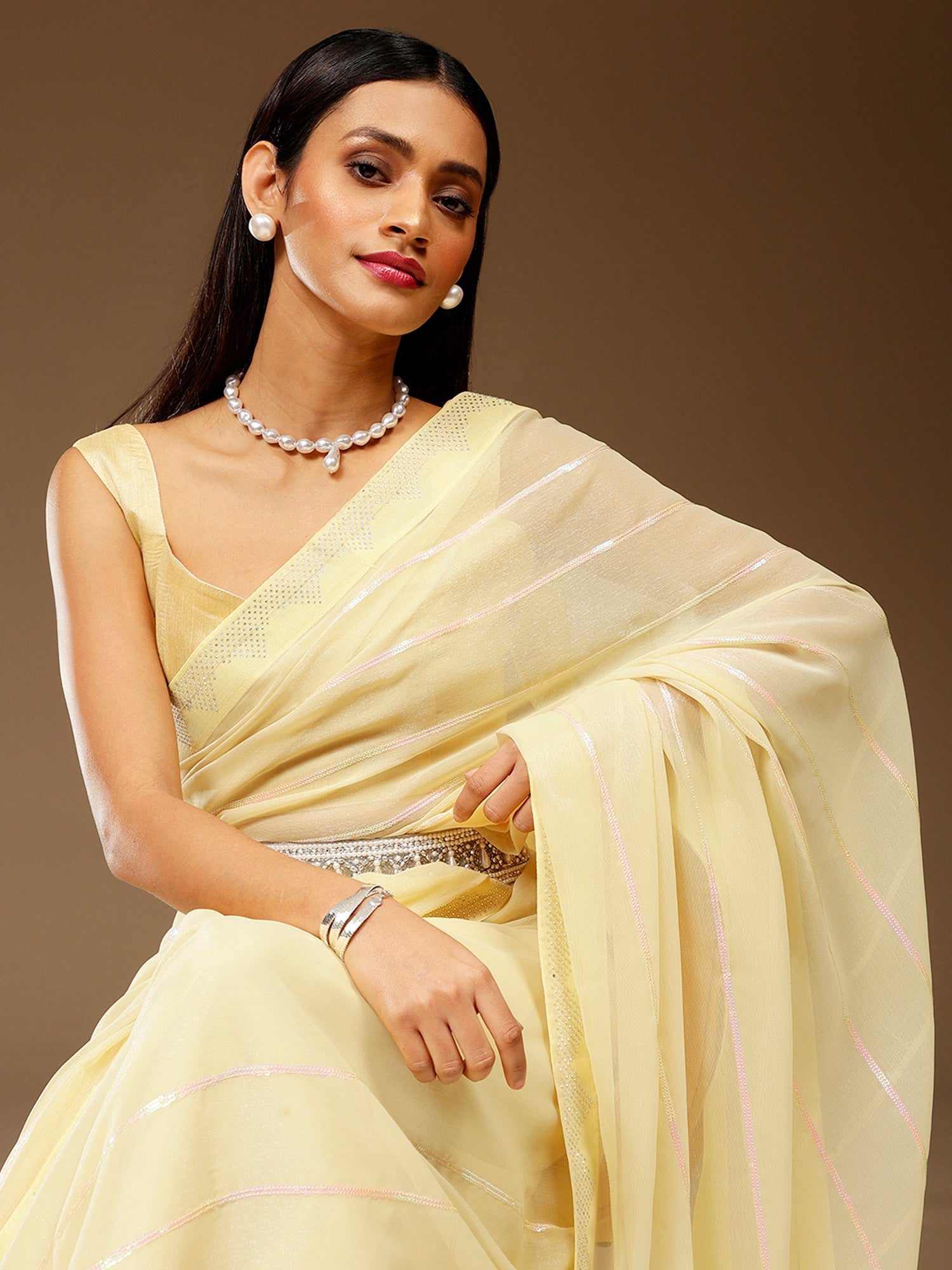 NOZ2TOZ Women's Chiffon Yellow Embellished Designer Saree With Blouse Piece - Distacart
