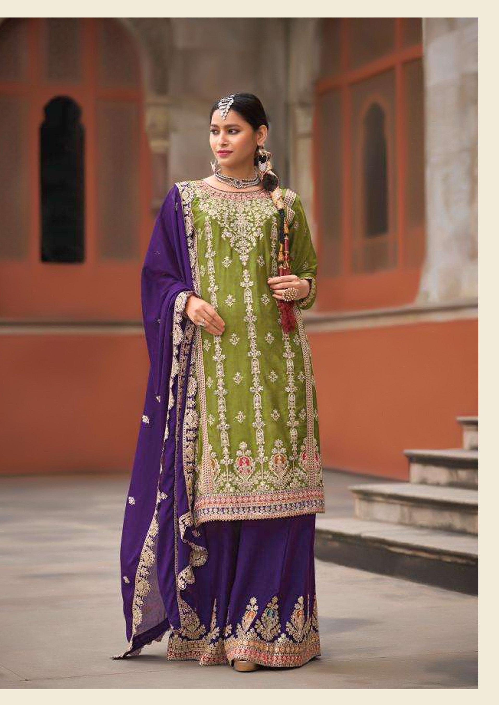 Aarshi Fashions Light Green Heavy Chinon Palazzo Salwar Suit