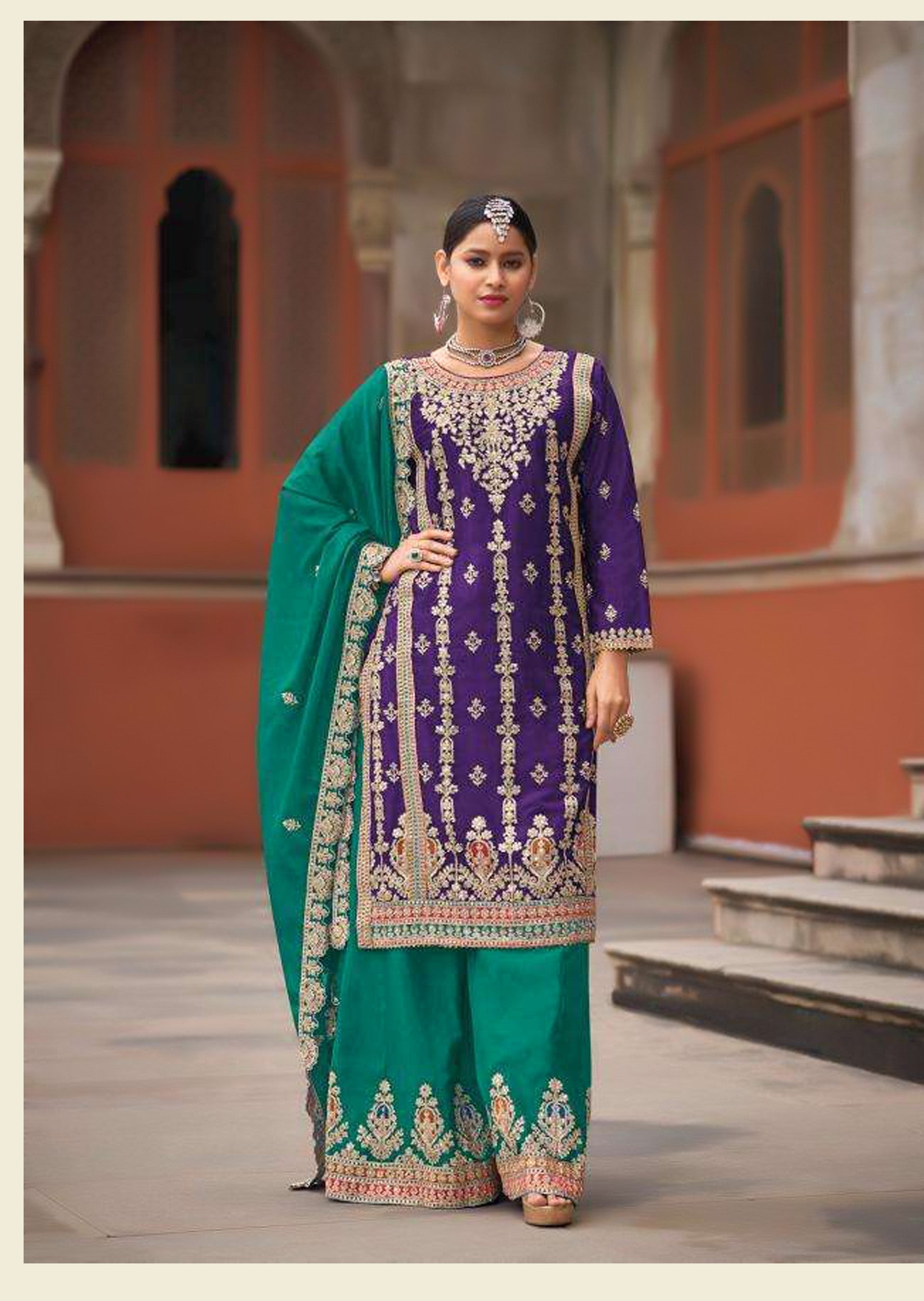 Aarshi Fashions Dark Blue Heavy Chinon Palazzo Salwar Suit