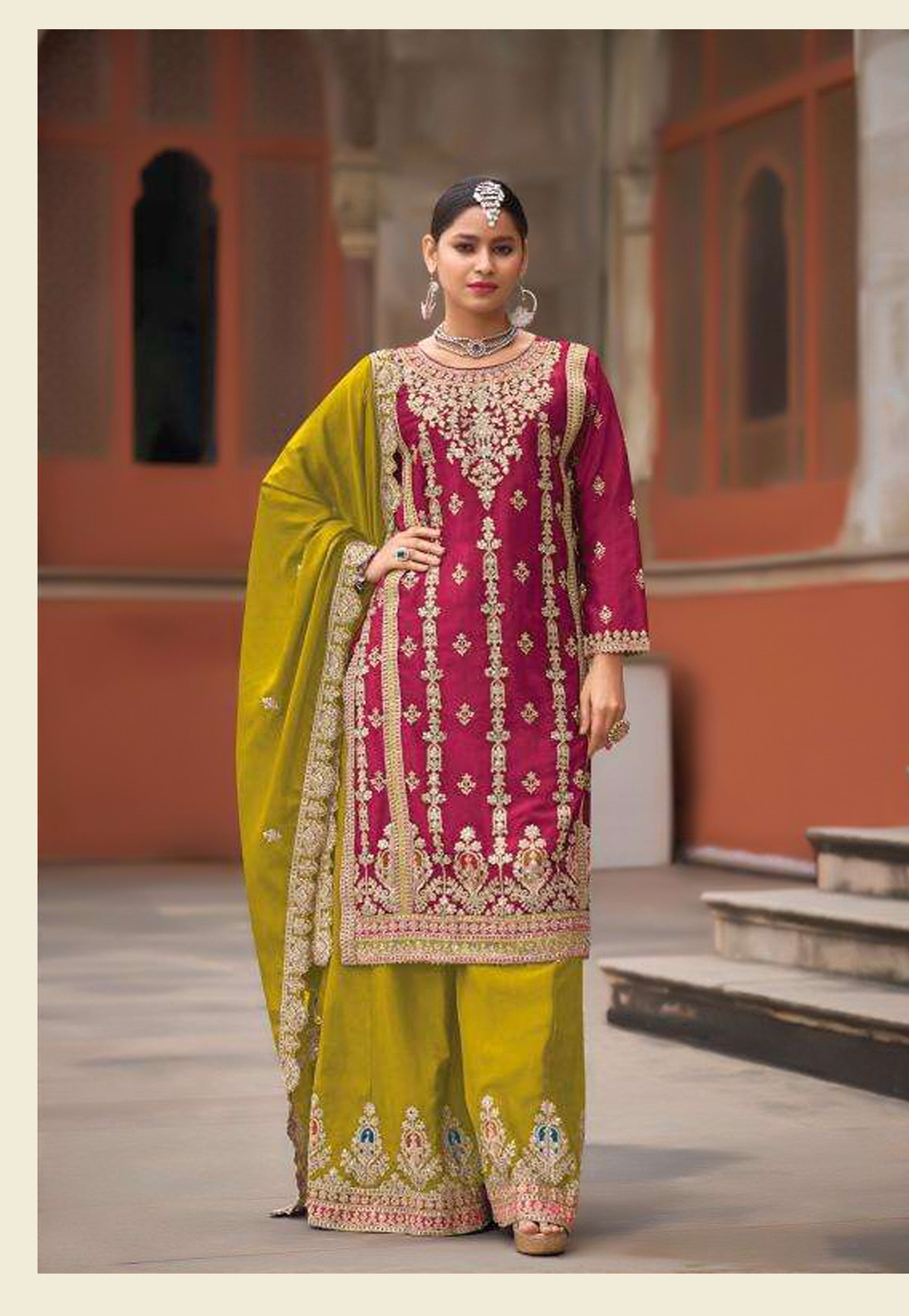 Aarshi Fashions Pink Heavy Chinon Palazzo Salwar Suit