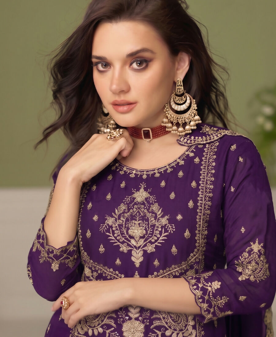 KC Purple Wedding Wear Embroidered Crush Silk Salwar Suit - Dista