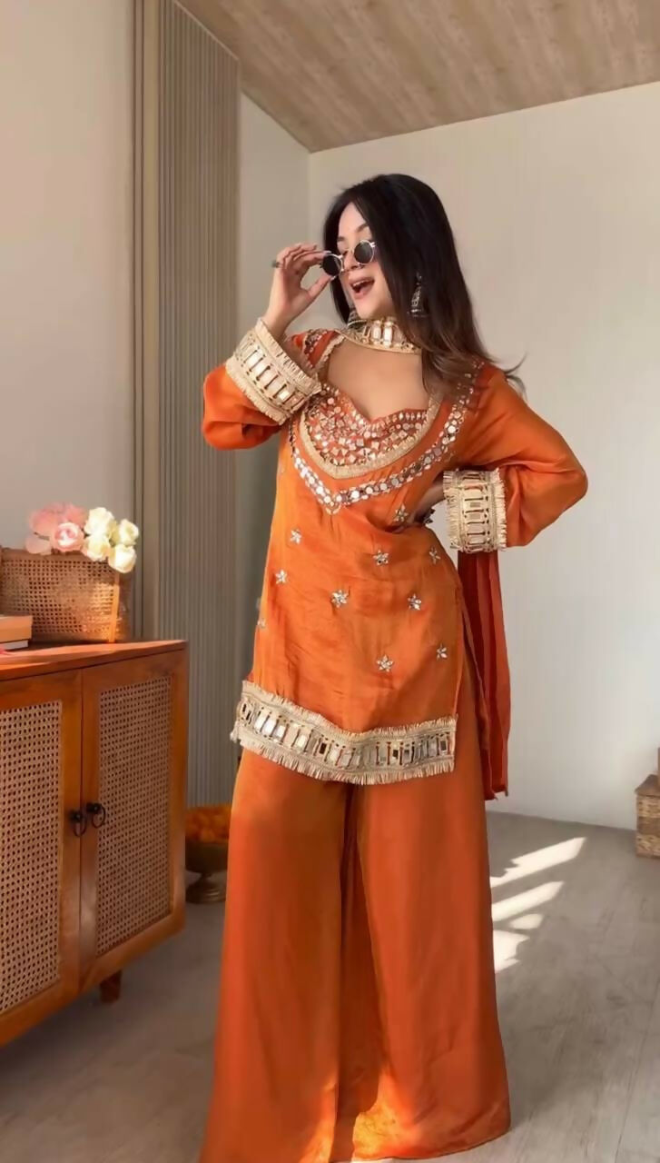 Teeya Creation New Trendy Stylish Real Mirror Work With Lace Border Kurta Set - Dista