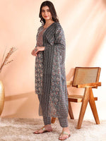 Thumbnail for Ode by House of Pataudi Thread Work Pure Cotton Straight Kurta with Trousers & Dupatta - Distacart