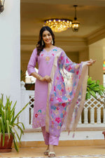 Thumbnail for The52 Lavender Women's Gorgeous Embroidered work Viscose Gadhwal Fabric Straight Kurta, Pant and Dupatta Set - Distacart